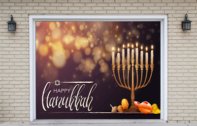 Happy Hanukkah Jewish Holiday With Candles Garage Door Cover