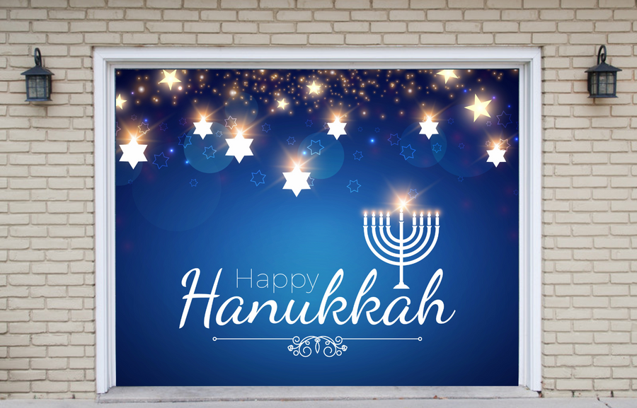 Happy Hanukkah Shining With Menorah, David Star Garage Door Wrap Cover Mural Decoration