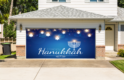 Happy Hanukkah Shining With Menorah, David Star Garage Door Cover