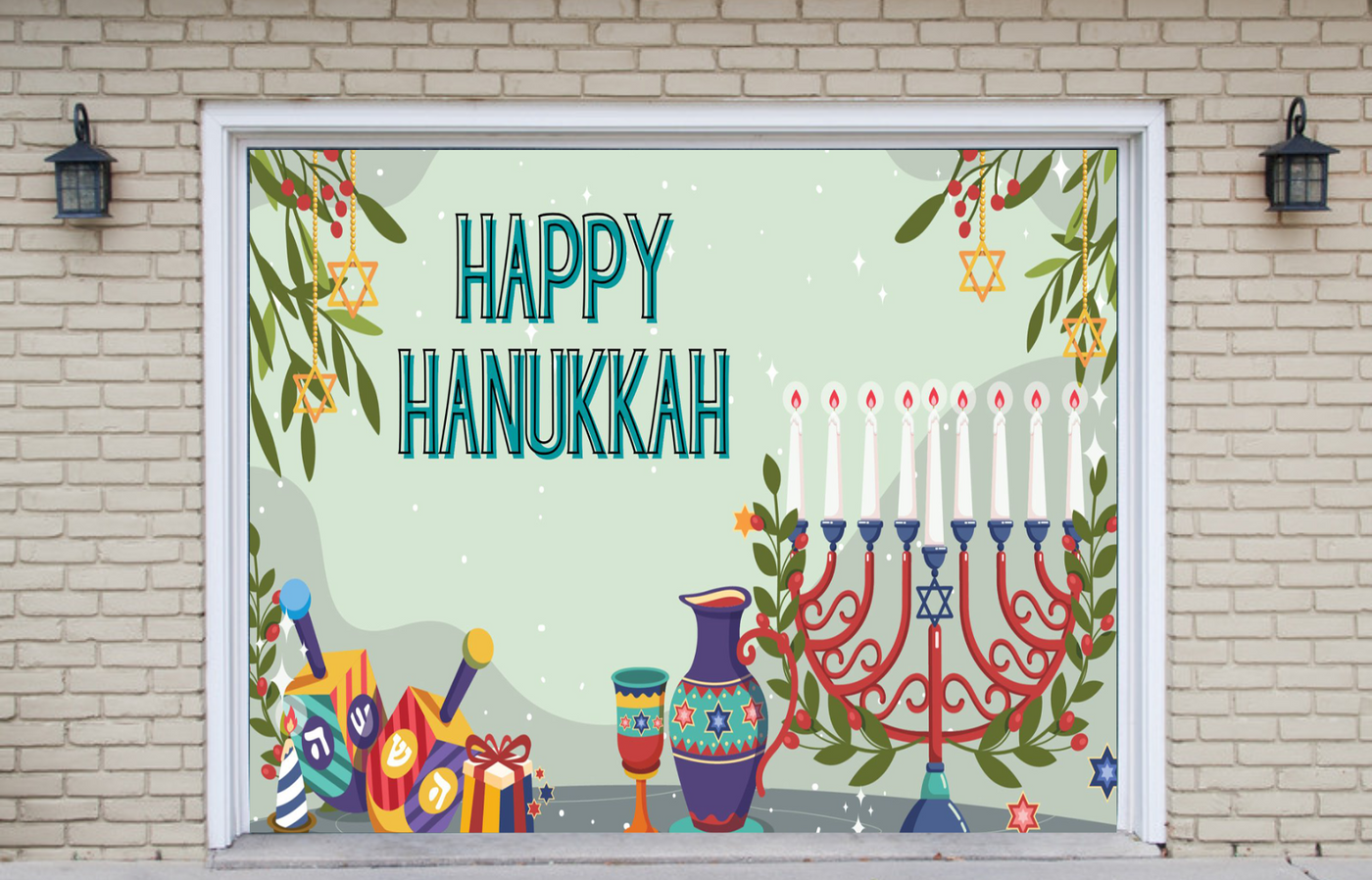 Happy Hanukkah With Menorah Garage Door Wrap Cover Mural Decoration