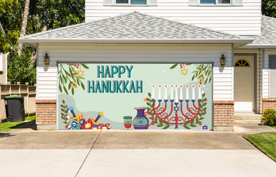 Happy Hanukkah With Menorah Garage Door Wrap Cover Mural Decoration
