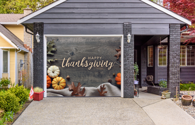 Happy Thanksgiving Pumpkins And Leaves Over Wooden Door Garage Door Cover Banner Backdrop
