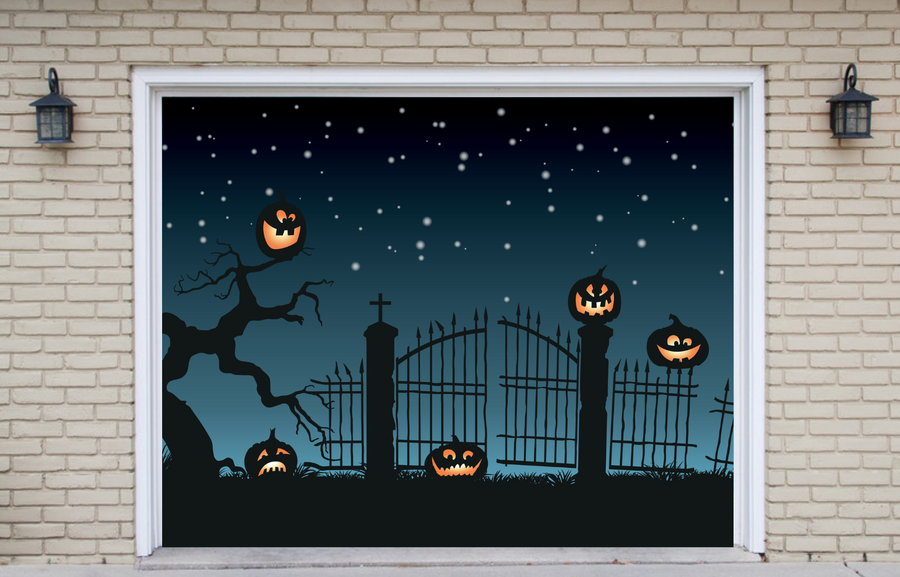 Banner decorativo para puerta de garaje con cielo nocturno de Halloween