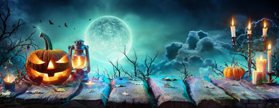 Lantern On Table In Spooky Night Halloween With Full Moon Garage Door Cover Banner Backdrop