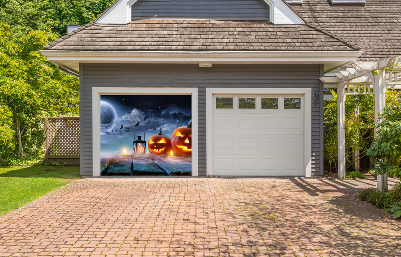 Lanterns Glowing At Moonlight In The Spooky Night Garage Door Cover Banner Backdrop