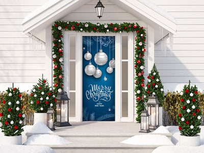 Merry Christmas And Happy New Year With Realistic Silver Balls Front Door Cover