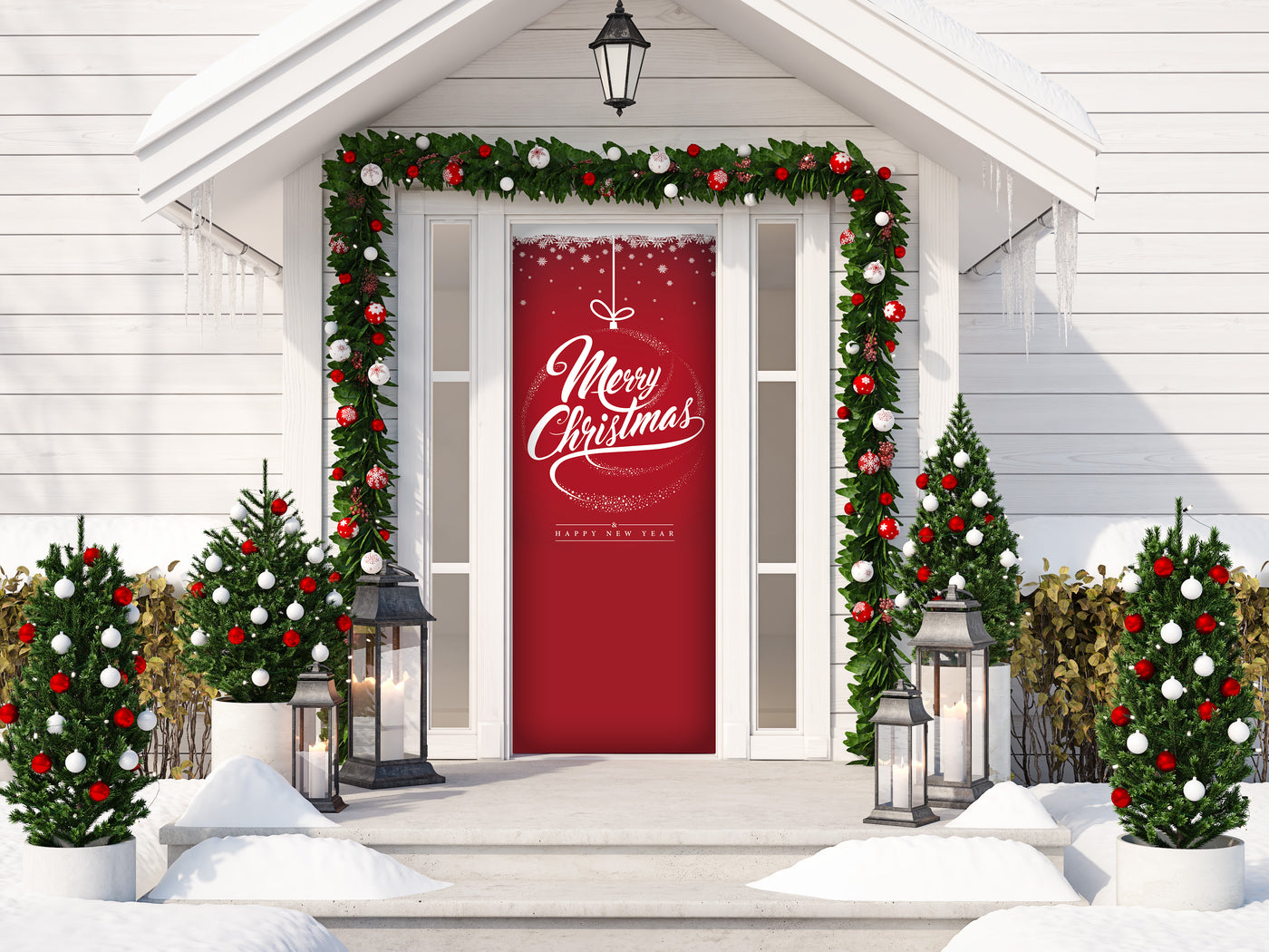 Merry Christmas Happy New Year Front Door Cover