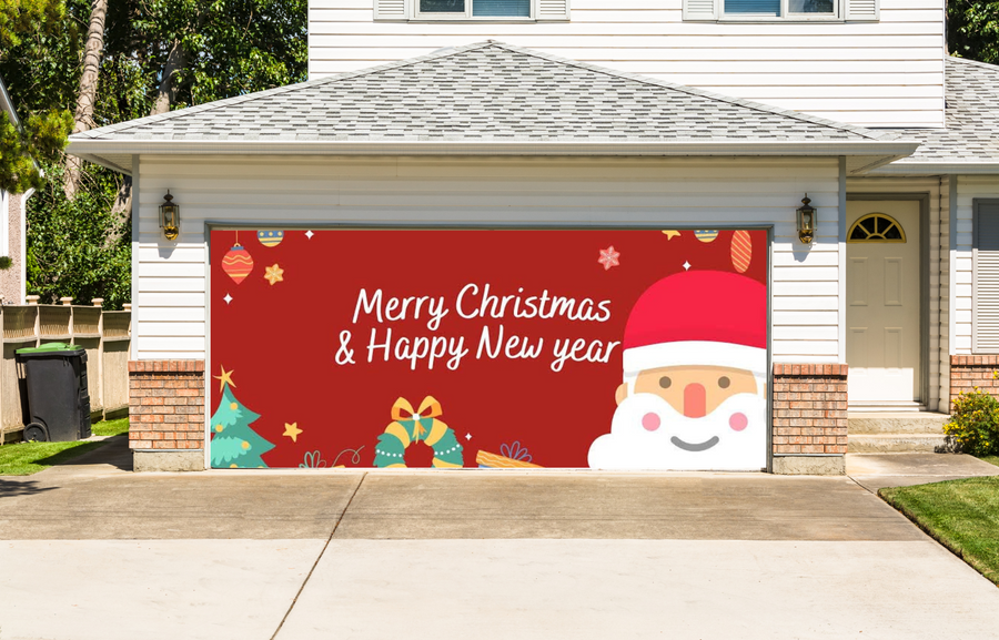 Merry Christmas & Happy New Year Santa Claus Garage Door Cover Banner Backdrop