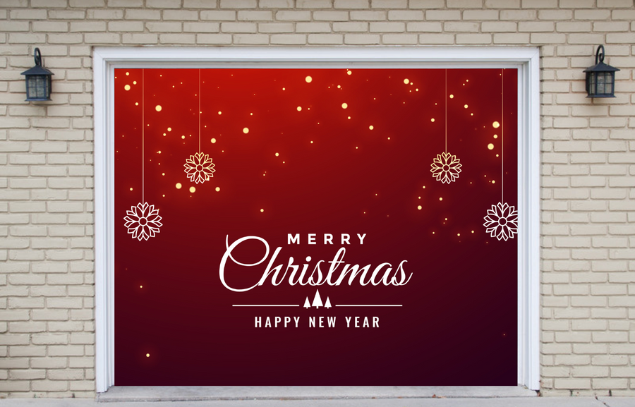 Merry Christmas And Happy New Year Sparkle Red And Burgundy Garage Door Mural Cover Banner Backdrop