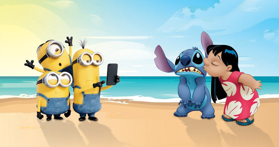 Minions With Lilo And Stitch On The Beach Garage Door Cover Banner Backdrop