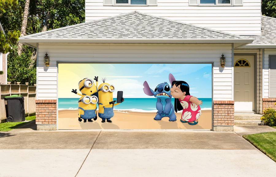 Minions With Lilo And Stitch On The Beach Garage Door Cover Banner Backdrop