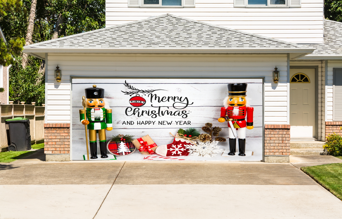 Nutcrackers Merry Christmas and Happy New Year Garage Door Cover Banner Backdrop — exterior clearance cover