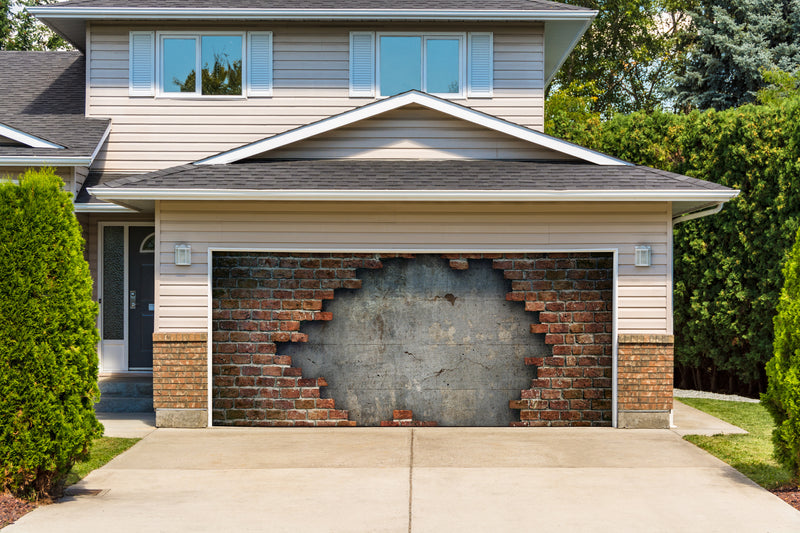 Old Red Brick Wall Damaged Garage Door Cover Banner Backdrop Wrap — exterior clearance cover