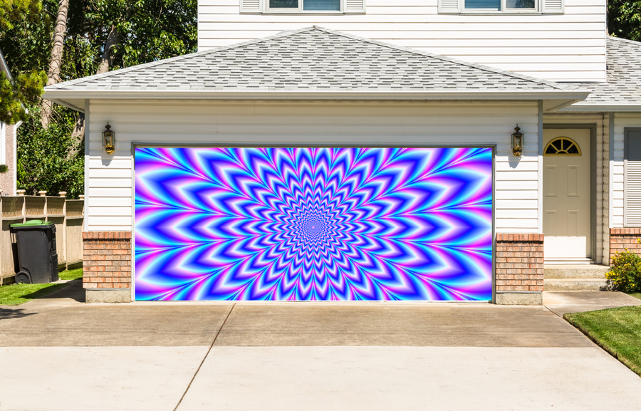 Vinilo adhesivo para puerta de garaje con corte ondulado en tonos azul, rosa y violeta psicodélico.