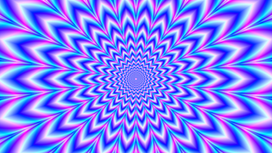 Vinilo adhesivo para puerta de garaje con corte ondulado en tonos azul, rosa y violeta psicodélico.