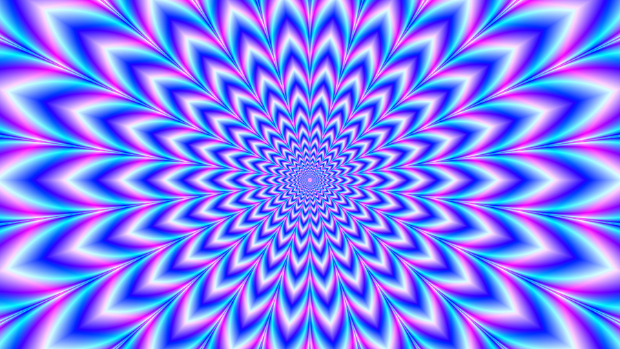 Vinilo adhesivo para puerta de garaje con corte ondulado en tonos azul, rosa y violeta psicodélico.