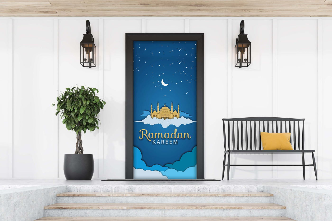 מסגד רמדאן כרים וכיסוי דלת קדמית בלילה מעונן