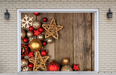 Red And Gold Christmas Ornament Garage Door Cover Banner Backdrop