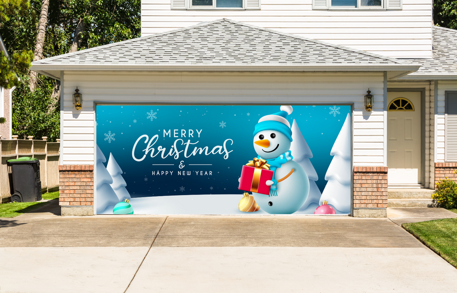 Snowman Merry Christmas And Happy New Year Garage Door Cover Banner Backdrop