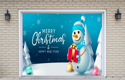 Snowman Merry Christmas And Happy New Year Garage Door Cover Banner Backdrop