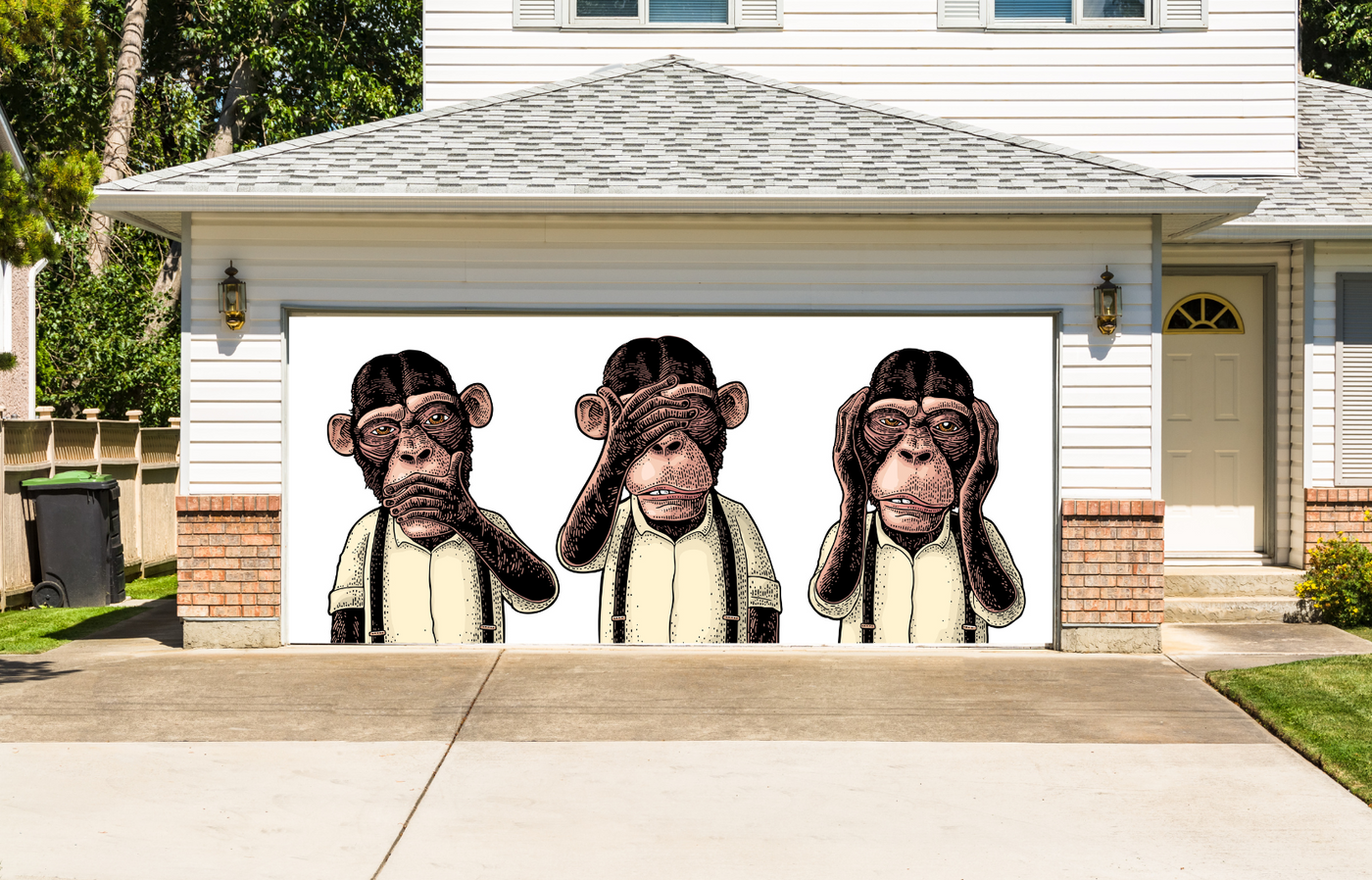 Three Wise Monkeys. Not See, Not Hear, Not Speak. Vintage Garage Door Cover Banner Backdrop