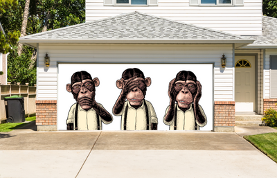 שלושה קופים חכמים. לא לראות, לא לשמוע, לא לדבר. רקע באנר לכיסוי דלת מוסך וינטג'