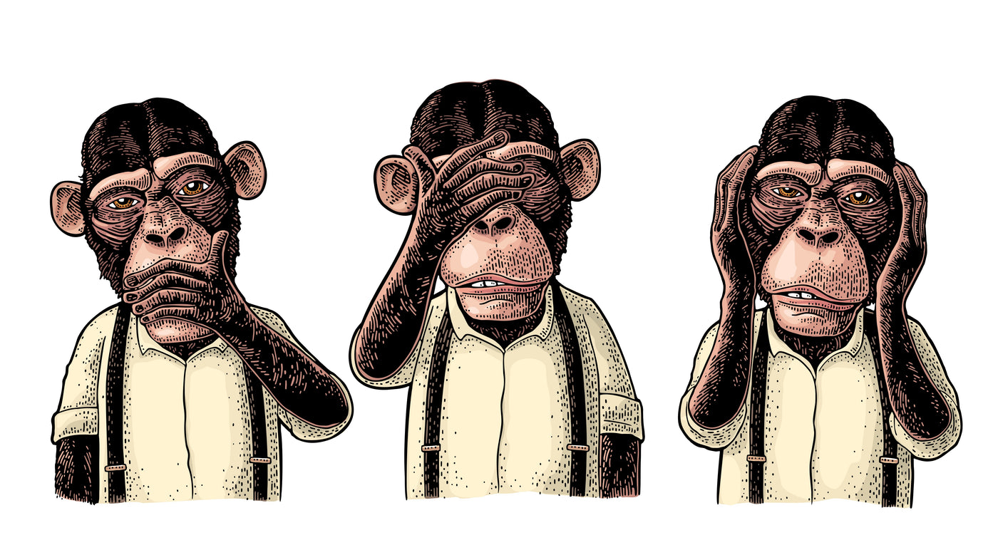 שלושה קופים חכמים. לא לראות, לא לשמוע, לא לדבר. רקע באנר לכיסוי דלת מוסך וינטג'