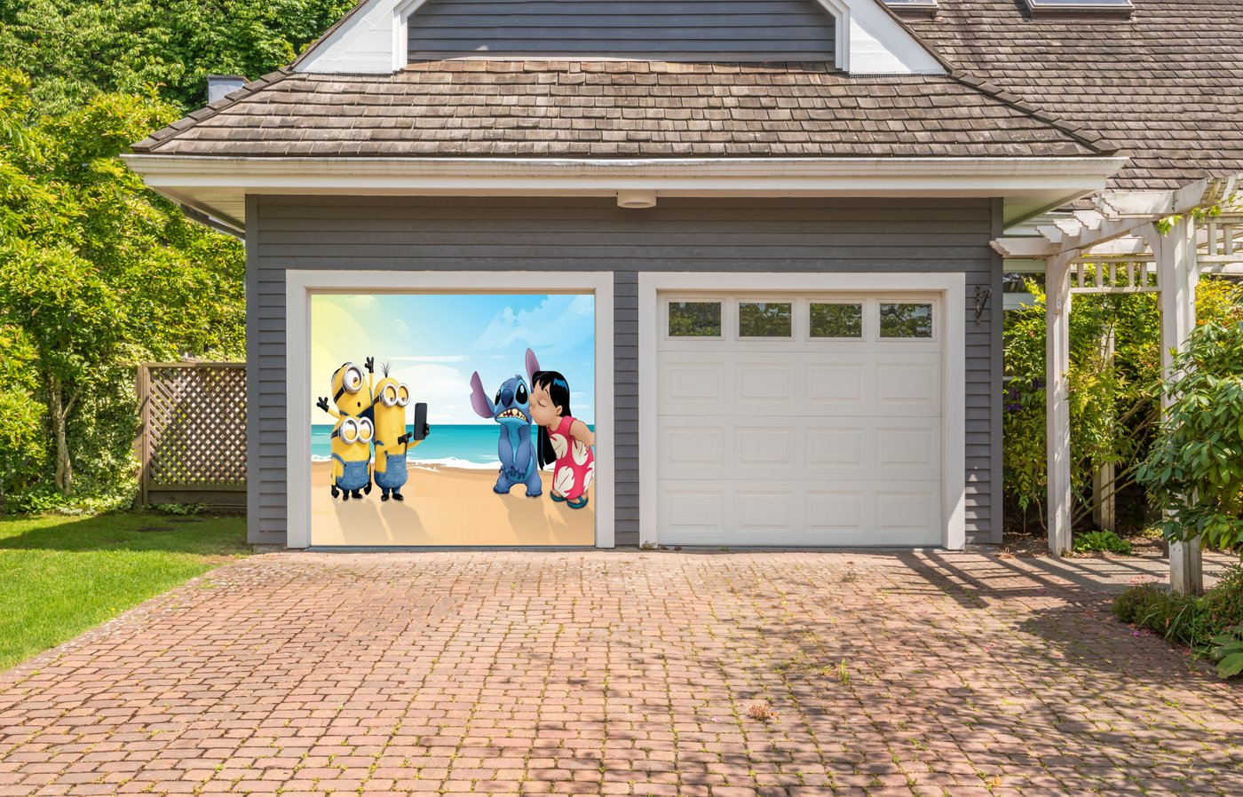 Minions With Lilo And Stitch On The Beach Garage Door Cover Banner Backdrop
