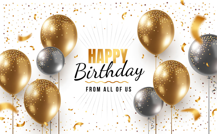 Feliz cumpleaños, globo dorado y plateado, cubierta para puerta de garaje, pancarta de fondo