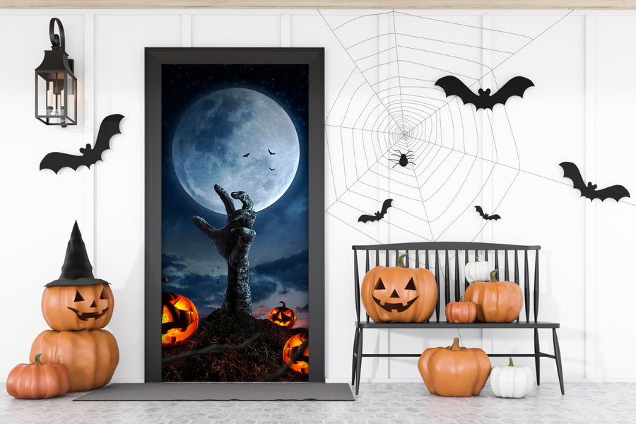 Zombie Hands Rising In Dark Halloween Night Front Door Cover