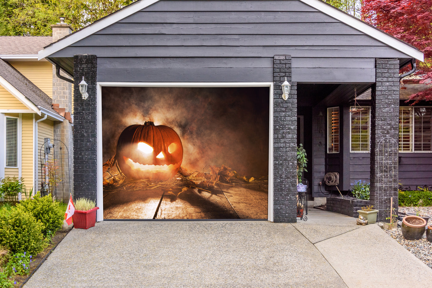Scary Halloween Pumpkin On Wooden Planks Garage Door Cover Banner Backdrop