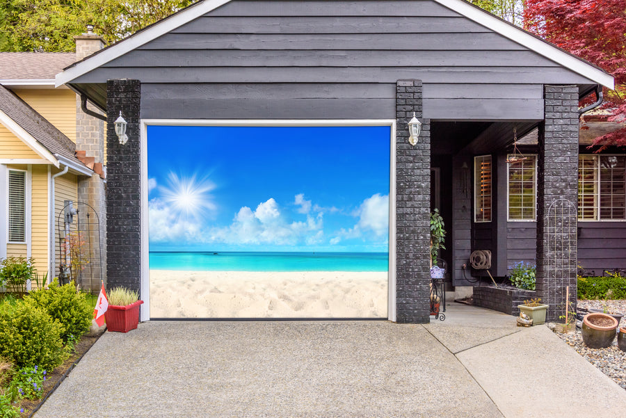 Hermosa playa con arena blanca, fondo para banner de puerta de garaje