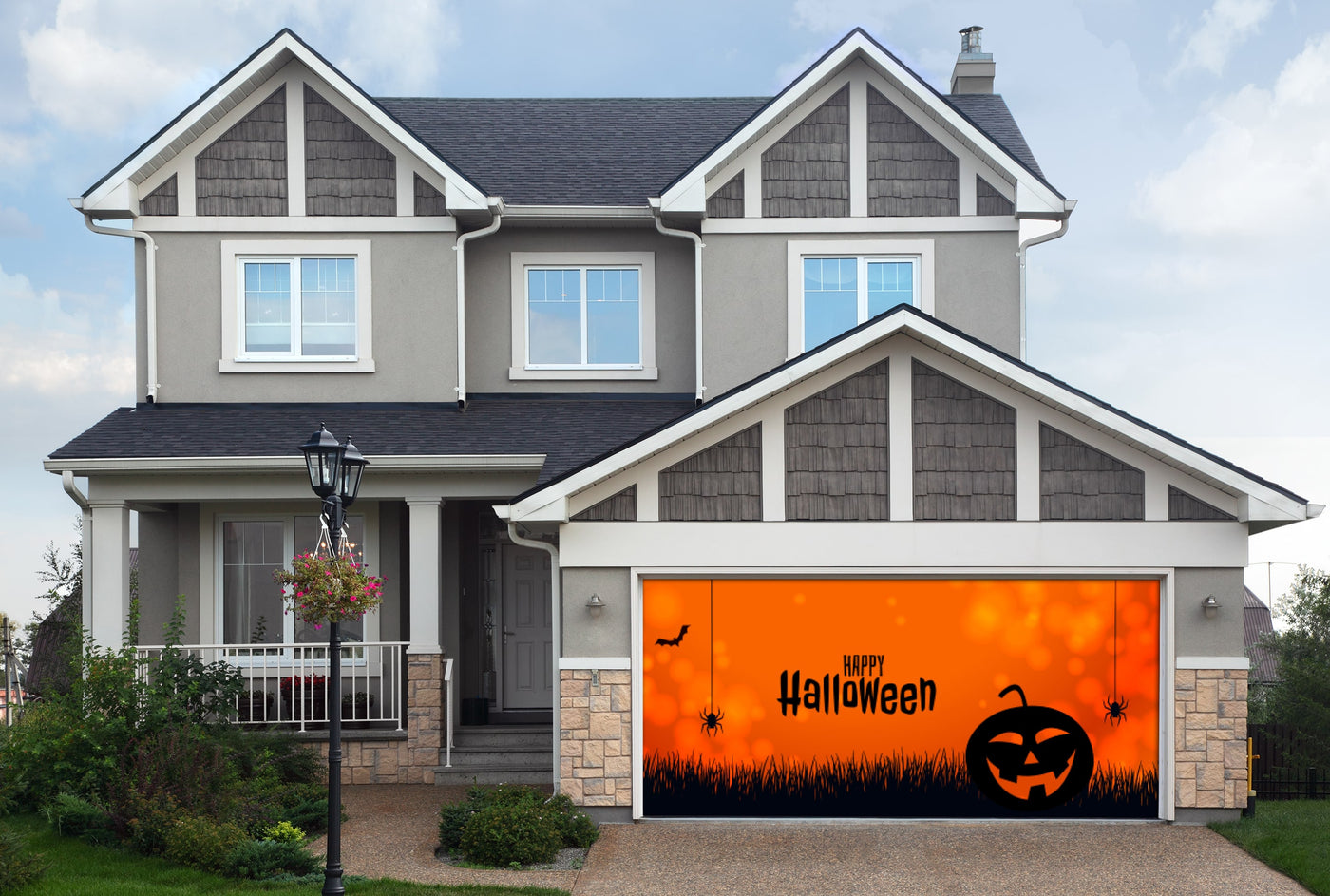 orange halloween banner with pumpkin spider and bats - Decor-Your-Door