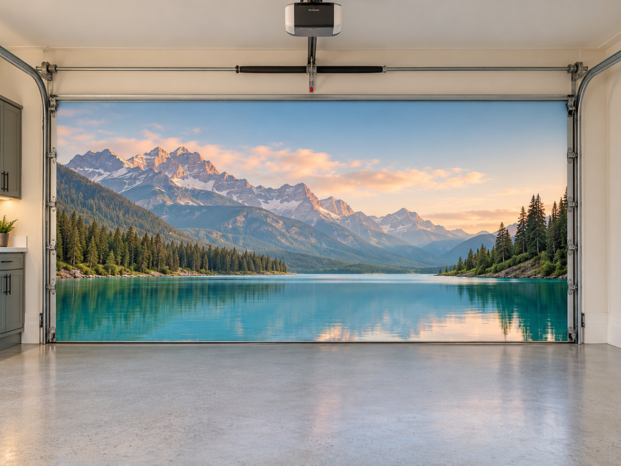 Mountain and lake cover on the inside of a closed garage door with tracks visible