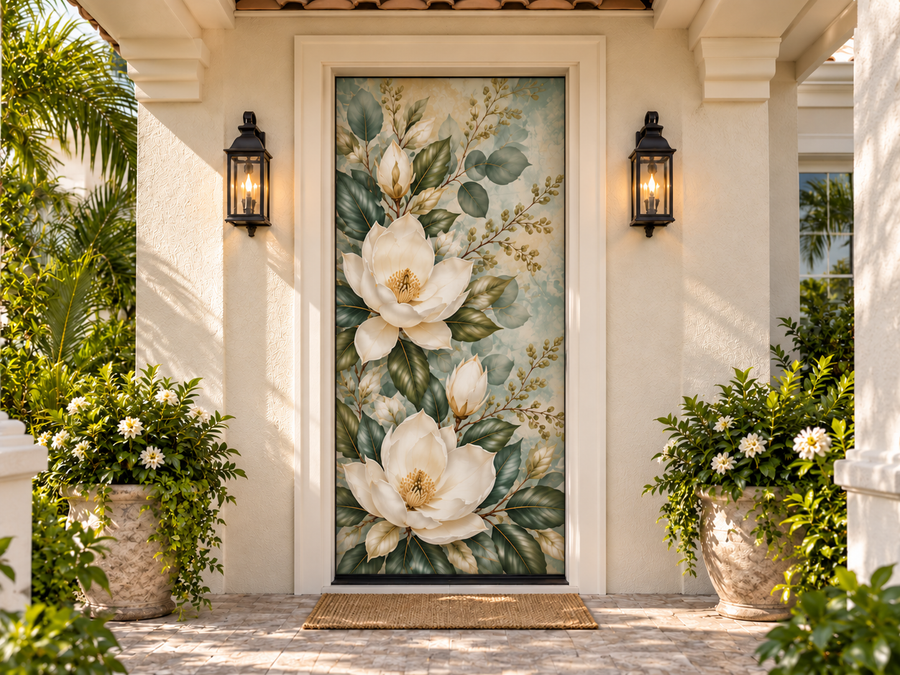 Coordinating magnolia front door cover concealing the door handle and lock
