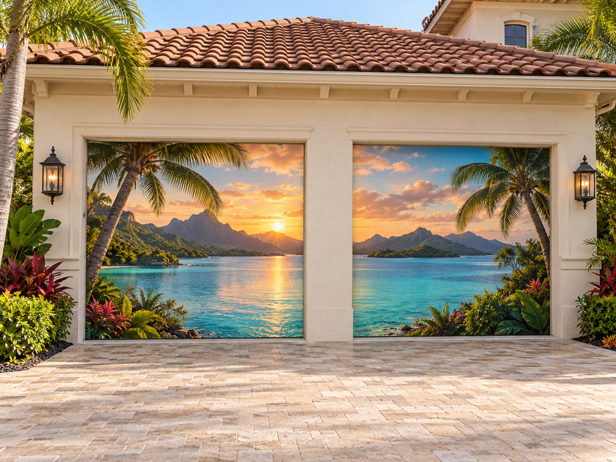 One continuous tropical landscape across two separate garage door covers on a Florida home