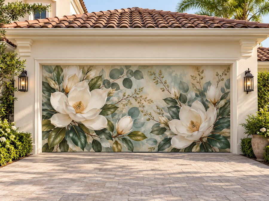 Botanical magnolia cover on an exterior garage door at a Florida home