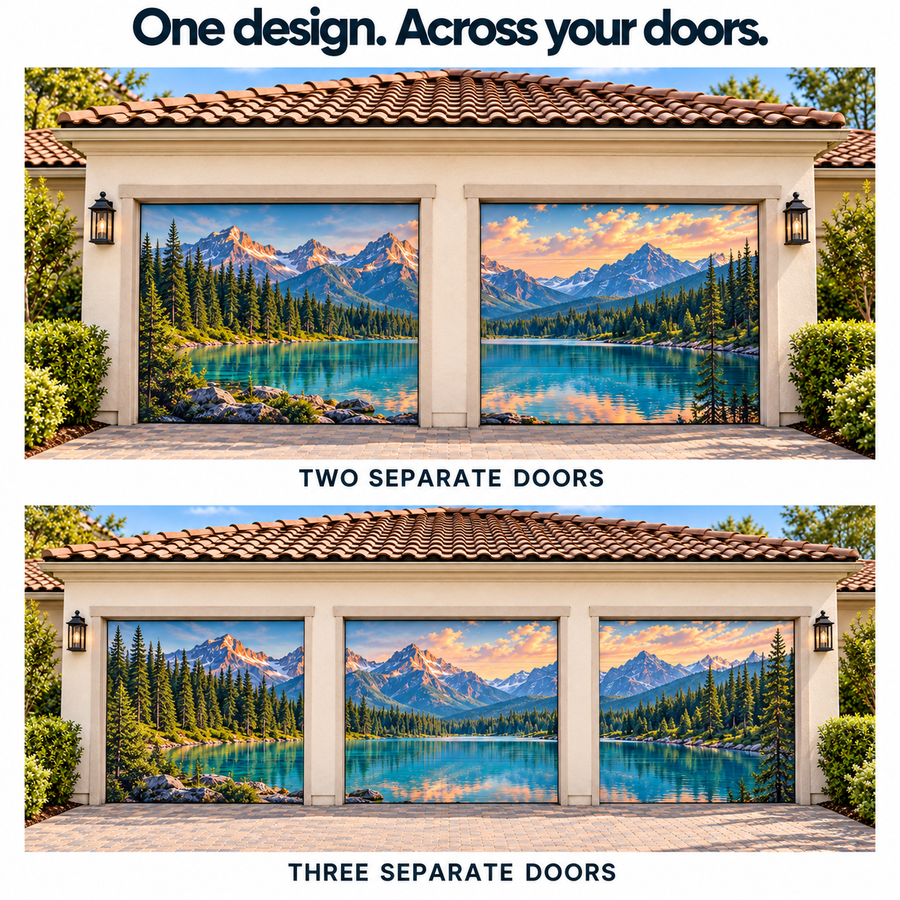 Continuous landscape artwork across two and three separate garage doors